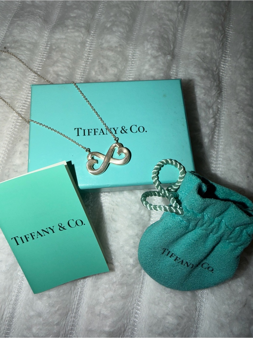 Tiffany & Co. Silver Infinity Heart Necklace with Signature Blue Accents